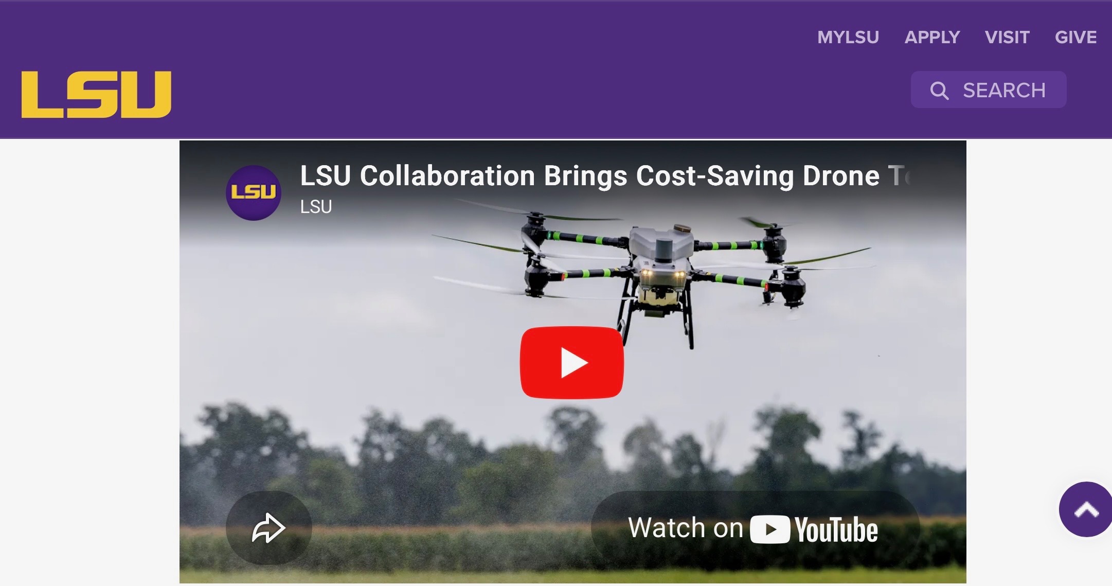 Video still from LSU coverage featuring Guardian Aerial and precision agriculture activity in Louisiana